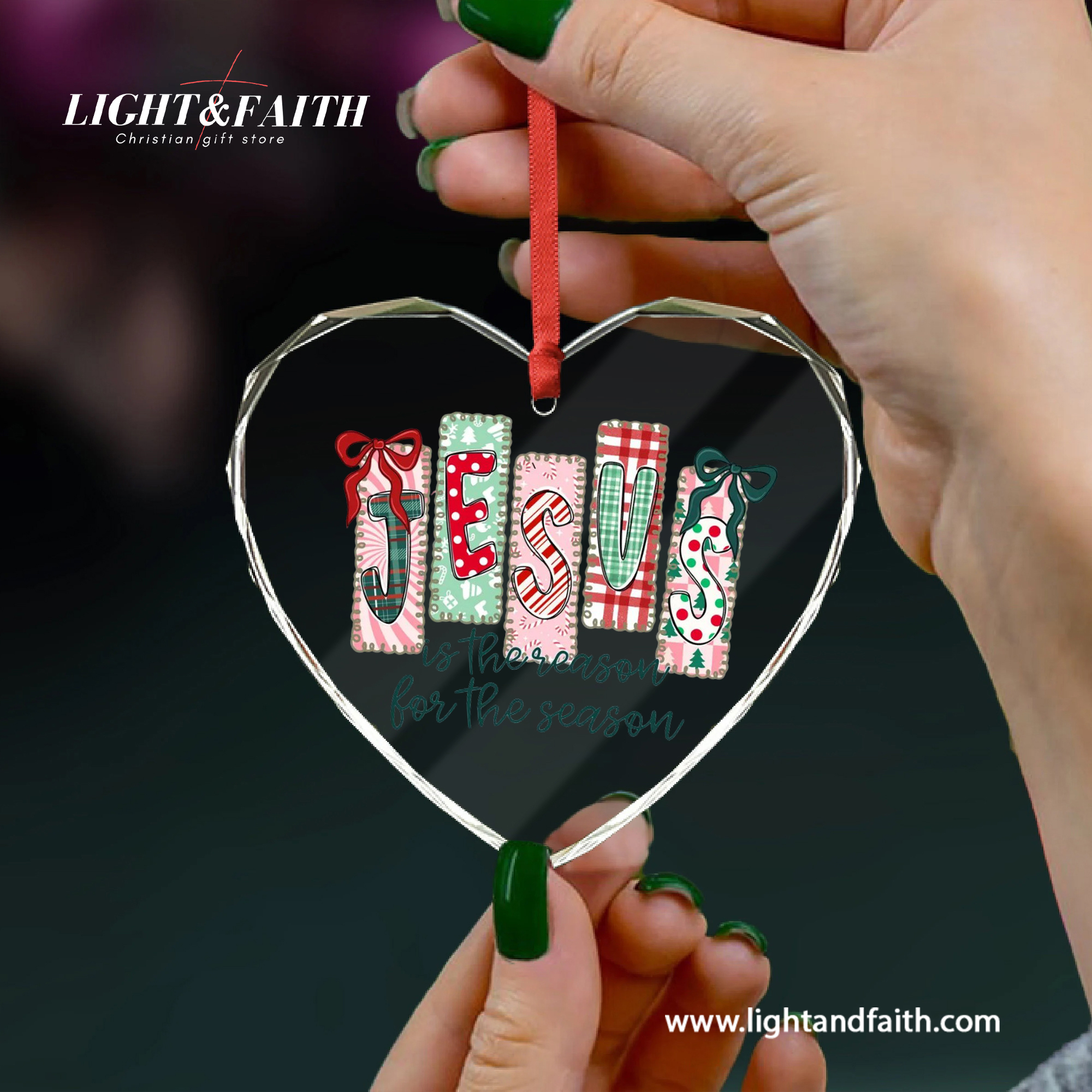 Jesus Is the Reason for the Season Heart Ornament, Christian Christmas Decoration, Faith Gift for Her, Religious Glass Ornament, Holiday Tree Decor DCLAF62